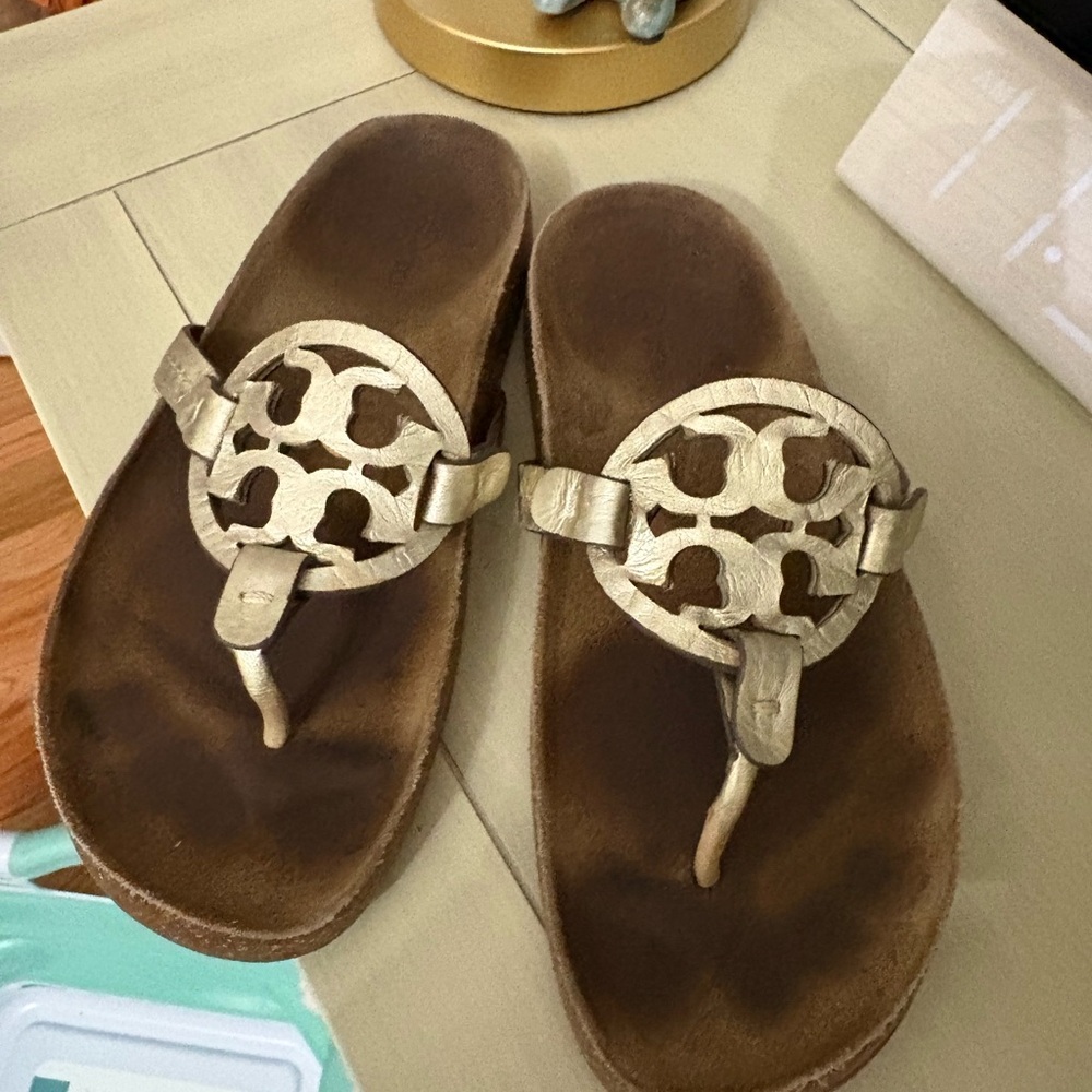 Tory Burch Metallic Gold Logo Thong Sandals
